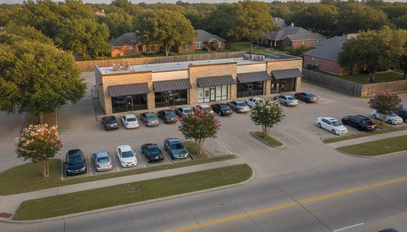 Aerial view of a completed commercial retail building