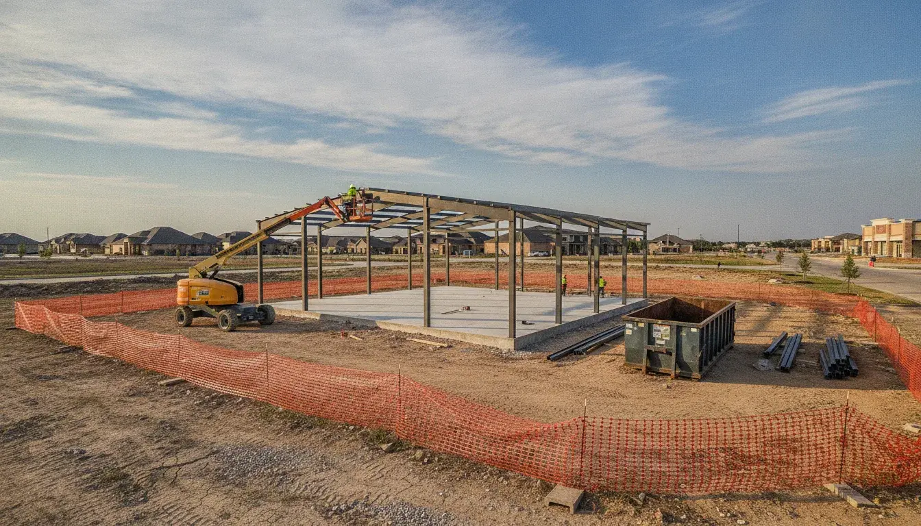 Structural steel being erected on a ground-up commercial project